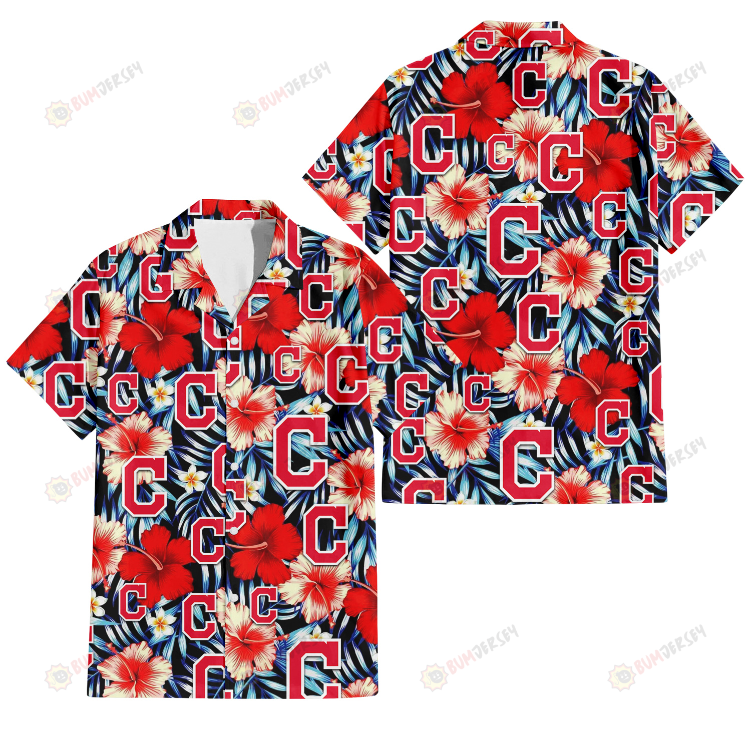 Cleveland Indians Coral Red Hibiscus Blue Palm Leaf Black Background 3D Hawaiian Shirt
