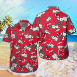Cleveland Indians Floral & Leaf Pattern Curved Hawaiian Shirt In Red