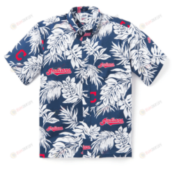 Cleveland Indians Leaf Pattern Curved Hawaiian Shirt In White & Dark Blue