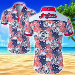 Cleveland Indians Leaf & Flower Pattern Curved Hawaiian Shirt In Pink & Blue