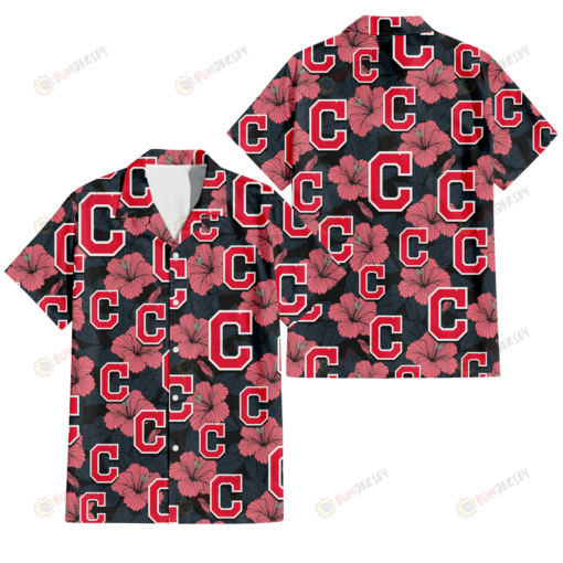 Cleveland Indians Light Coral Hibiscus Gray Leaf Black Background 3D Hawaiian Shirt