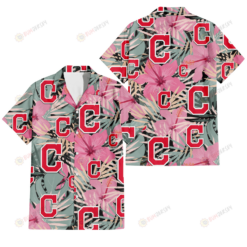 Cleveland Indians Light Pink Hibiscus Pale Green Leaf Black Background 3D Hawaiian Shirt