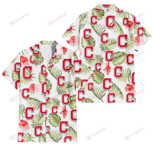 Cleveland Indians Light Salmon Hibiscus Green Leaf White Background 3D Hawaiian Shirt