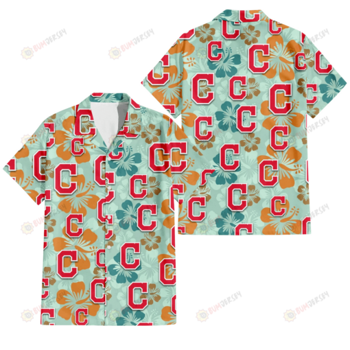 Cleveland Indians Orange Green Hibiscus Pale Green Background 3D Hawaiian Shirt