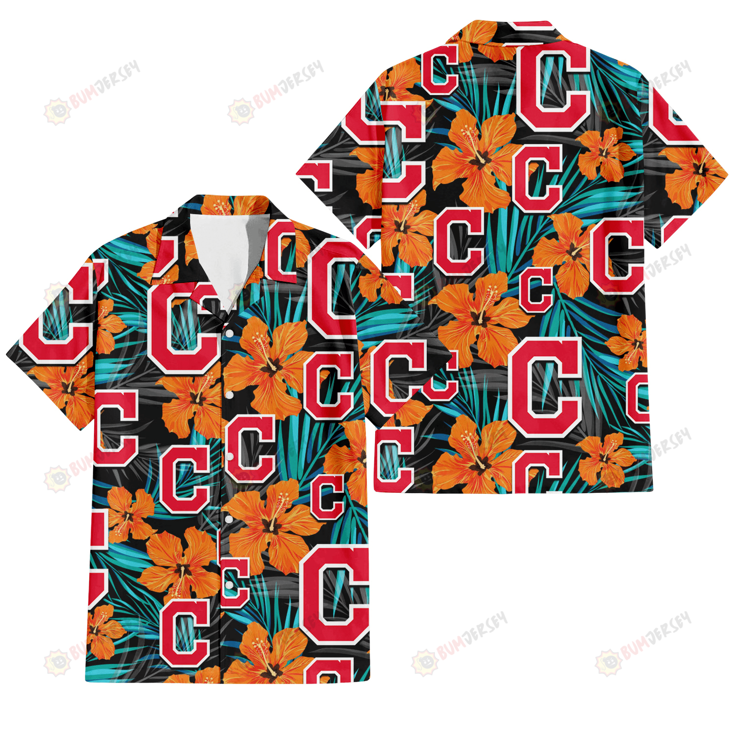 Cleveland Indians Orange Hibiscus Blue Gray Leaf Black Background 3D Hawaiian Shirt