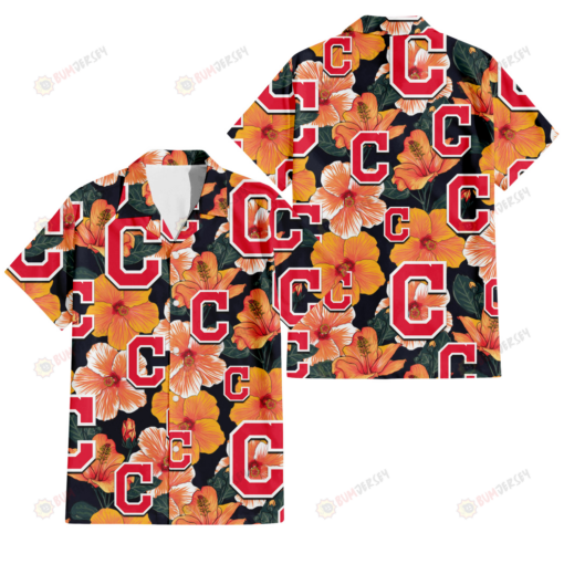 Cleveland Indians Orange Hibiscus Dark Green Leaf Black Background 3D Hawaiian Shirt