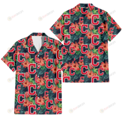 Cleveland Indians Orange Hibiscus Green Tropical Leaf Dark Background 3D Hawaiian Shirt
