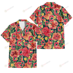 Cleveland Indians Orange Red Hibiscus Green Leaf Dark Background 3D Hawaiian Shirt