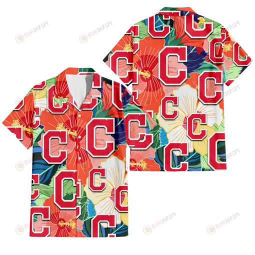 Cleveland Indians Orange White Tropical Hibiscus Green Leaf 3D Hawaiian Shirt