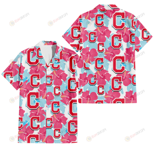 Cleveland Indians Pink Blue Hibiscus White Background 3D Hawaiian Shirt