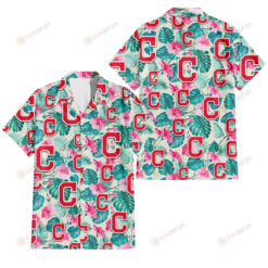 Cleveland Indians Pink Hibiscus Green Leaf Beige Background 3D Hawaiian Shirt