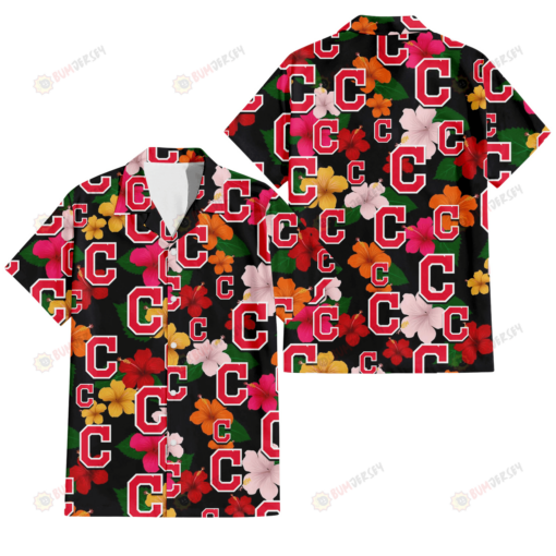 Cleveland Indians Pink Orange Yellow White Hibiscus Black Background 3D Hawaiian Shirt