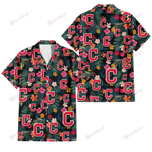 Cleveland Indians Pink Yellow Orange Hibiscus Big Tropical Leaf Black Background 3D Hawaiian Shirt