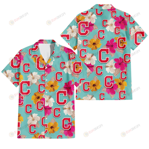 Cleveland Indians Pink Yellow White Hibiscus Turquoise Background 3D Hawaiian Shirt