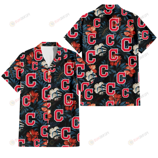 Cleveland Indians Red And White Hibiscus Dark Leaf Black Background 3D Hawaiian Shirt