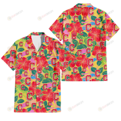 Cleveland Indians Red Hibiscus Green Blue Leaf Yellow Background 3D Hawaiian Shirt