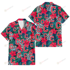 Cleveland Indians Red Hibiscus Green Blue White Leaf Black Background 3D Hawaiian Shirt