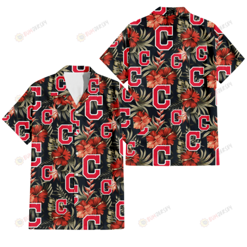 Cleveland Indians Red Hibiscus Green Leaf Dark Background 3D Hawaiian Shirt