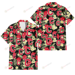 Cleveland Indians Red Hibiscus Yellow Porcelain Flower Black Background 3D Hawaiian Shirt