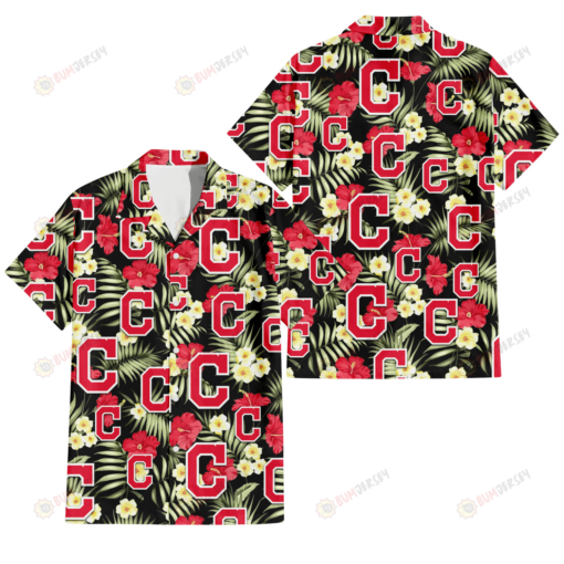 Cleveland Indians Red Hibiscus Yellow Porcelain Flower Black Background 3D Hawaiian Shirt