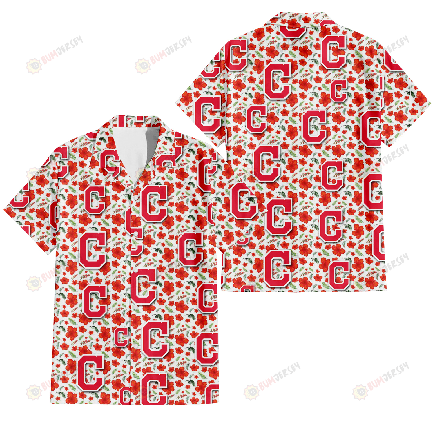 Cleveland Indians Tiny Red Hibiscus Green Leaf White Cube Background 3D Hawaiian Shirt
