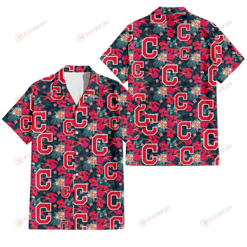 Cleveland Indians Tiny Red Hibiscus White Porcelain Flower Black Background 3D Hawaiian Shirt