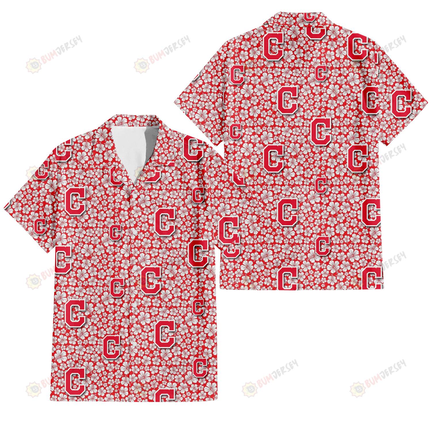 Cleveland Indians Tiny White Hibiscus Pattern Red Background 3D Hawaiian Shirt
