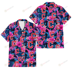 Cleveland Indians Violet Red Hibiscus Blue Leaf Black Background 3D Hawaiian Shirt