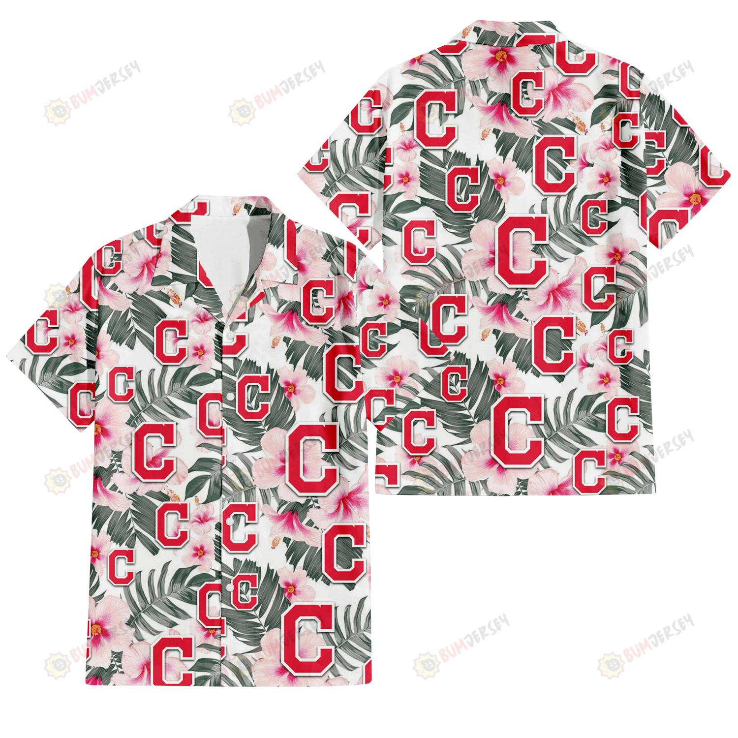 Cleveland Indians White Hibiscus Green Leaf White Background 3D Hawaiian Shirt