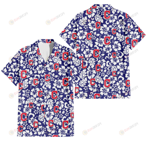 Cleveland Indians White Hibiscus Pattern Slate Blue Background 3D Hawaiian Shirt