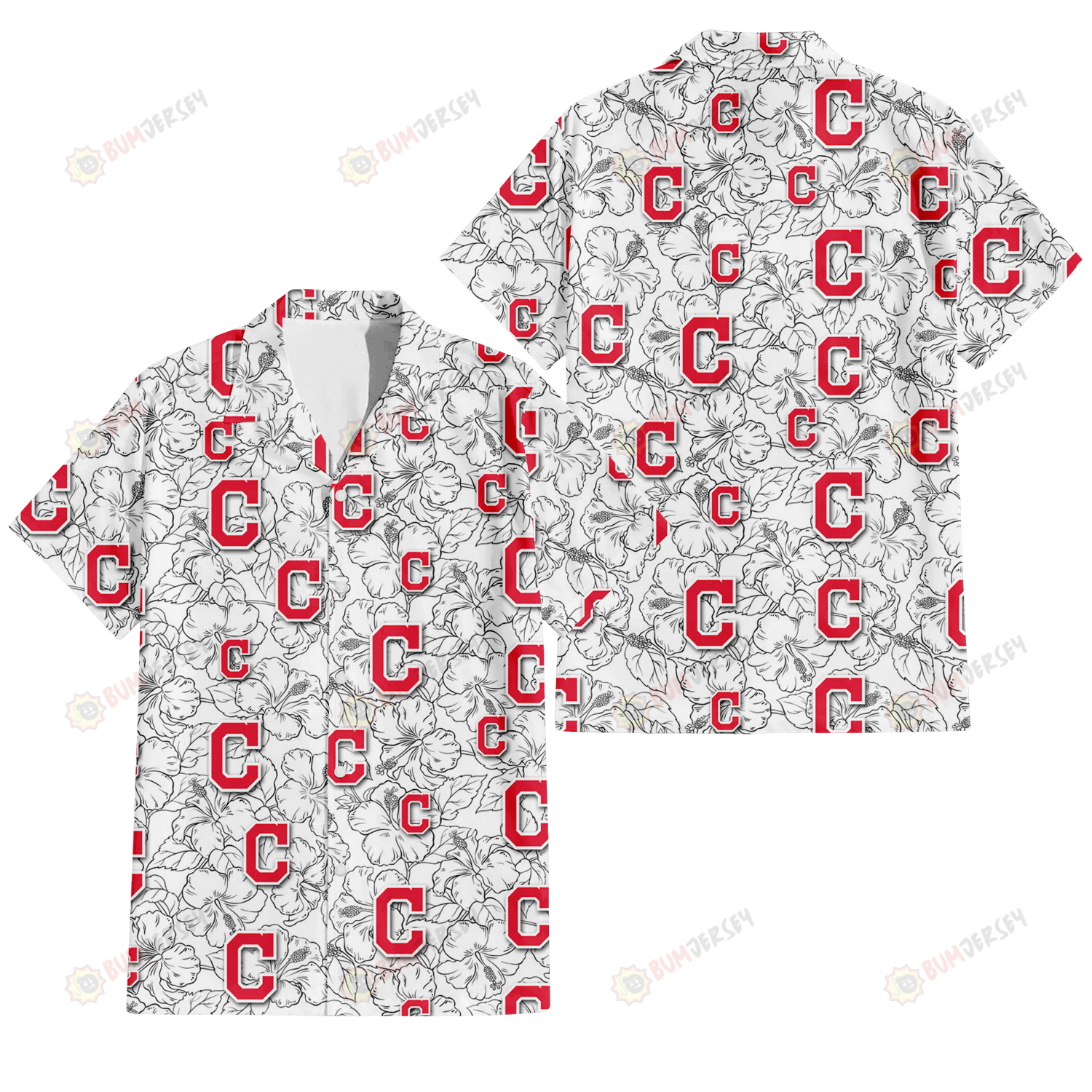 Cleveland Indians White Sketch Hibiscus Pattern White Background 3D Hawaiian Shirt