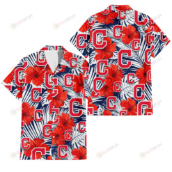 Cleveland Indians White Tropical Leaf Red Hibiscus Navy Background 3D Hawaiian Shirt