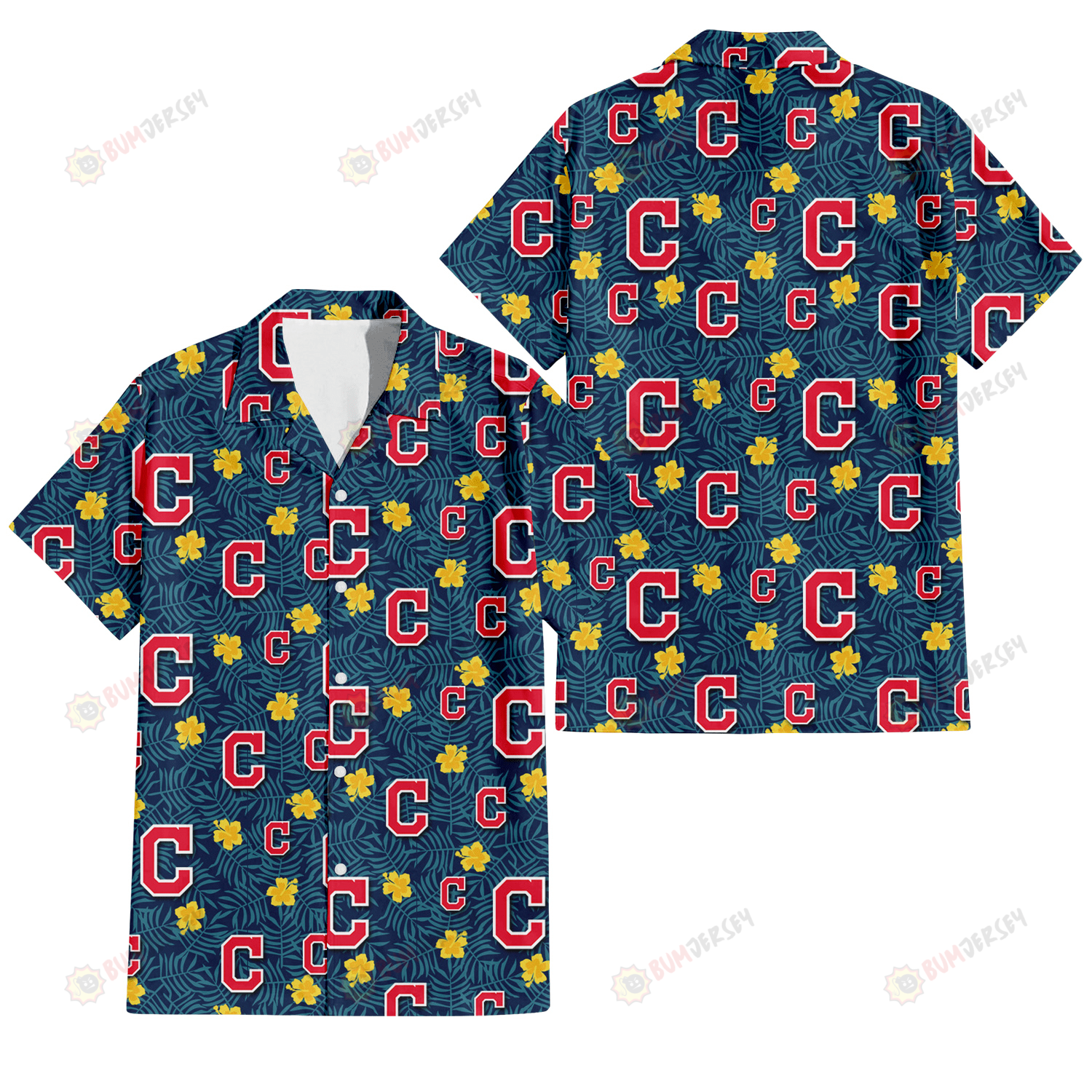 Cleveland Indians Yellow Hibiscus Cadet Blue Leaf Navy Background 3D Hawaiian Shirt