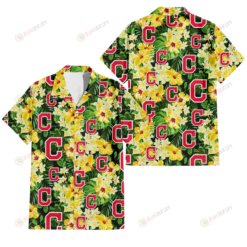 Cleveland Indians Yellow Hibiscus Tropical Green Leaf Black Background 3D Hawaiian Shirt