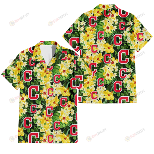 Cleveland Indians Yellow Hibiscus Tropical Green Leaf Black Background 3D Hawaiian Shirt