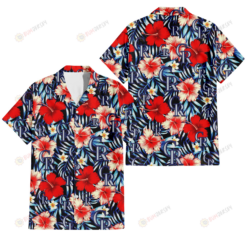 Colorado Rockies Coral Red Hibiscus Blue Palm Leaf Black Background 3D Hawaiian Shirt