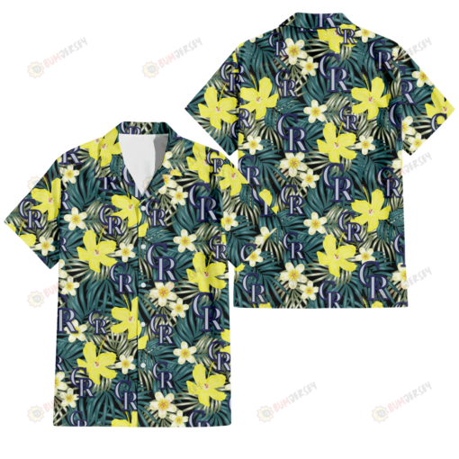 Colorado Rockies Hibiscus Green Palm Leaf Black Background 3D Hawaiian Shirt