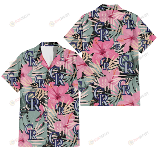 Colorado Rockies Light Pink Hibiscus Pale Green Leaf Black Background 3D Hawaiian Shirt