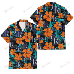 Colorado Rockies Orange Hibiscus Blue Gray Leaf Black Background 3D Hawaiian Shirt