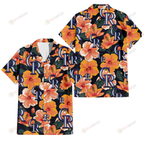 Colorado Rockies Orange Hibiscus Dark Green Leaf Black Background 3D Hawaiian Shirt