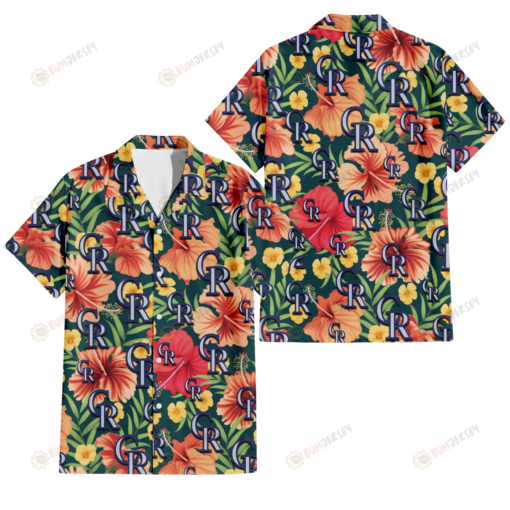 Colorado Rockies Orange Red Hibiscus Green Leaf Dark Background 3D Hawaiian Shirt