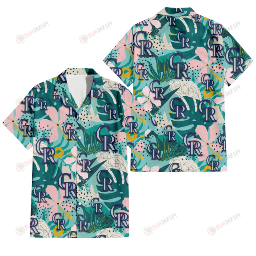 Colorado Rockies Pastel Hibiscus Palm Leaf Tiny Dot Green Background 3D Hawaiian Shirt