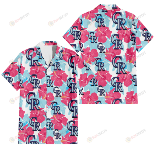 Colorado Rockies Pink Blue Hibiscus White Background 3D Hawaiian Shirt