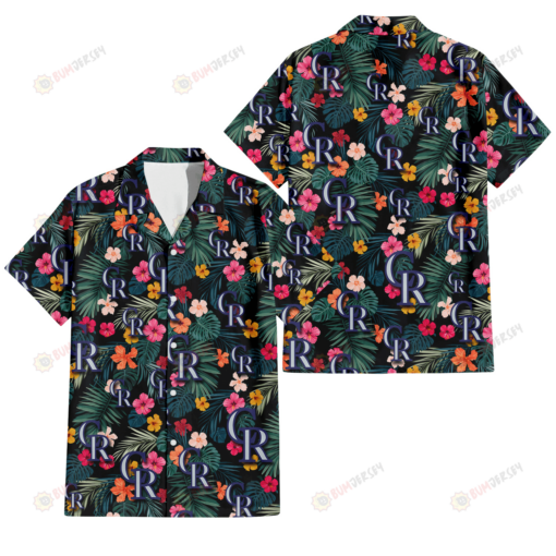 Colorado Rockies Pink Yellow Orange Hibiscus Big Tropical Leaf Black Background 3D Hawaiian Shirt