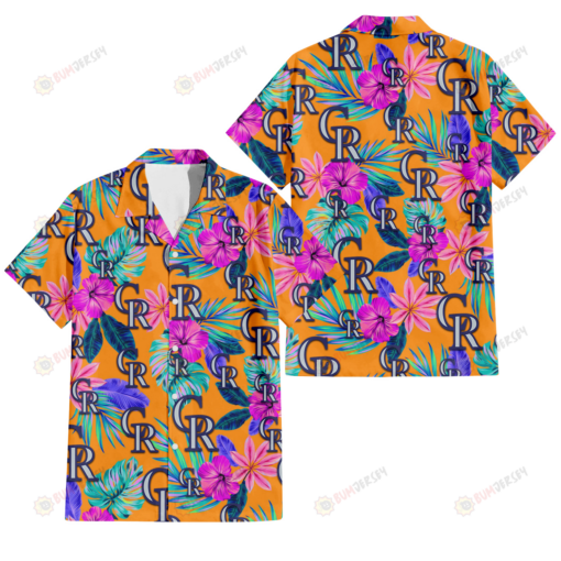 Colorado Rockies Purple Hibiscus Neon Leaf Orange Background 3D Hawaiian Shirt