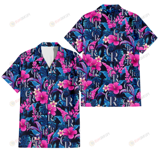 Colorado Rockies Violet Red Hibiscus Blue Leaf Black Background 3D Hawaiian Shirt