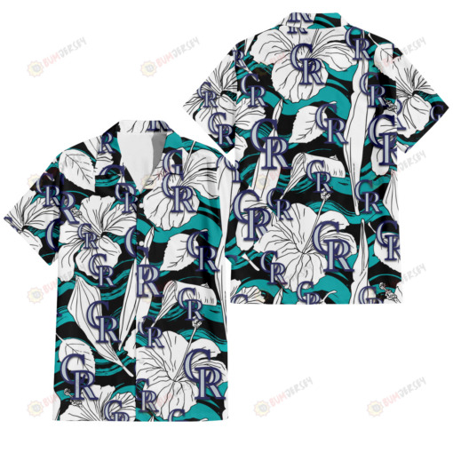 Colorado Rockies White Hibiscus Turquoise Wave Black Background 3D Hawaiian Shirt