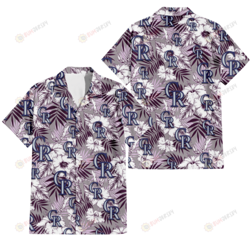 Colorado Rockies White Hibiscus Violet Leaves Light Grey Background 3D Hawaiian Shirt