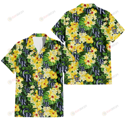 Colorado Rockies Yellow Hibiscus Tropical Green Leaf Black Background 3D Hawaiian Shirt