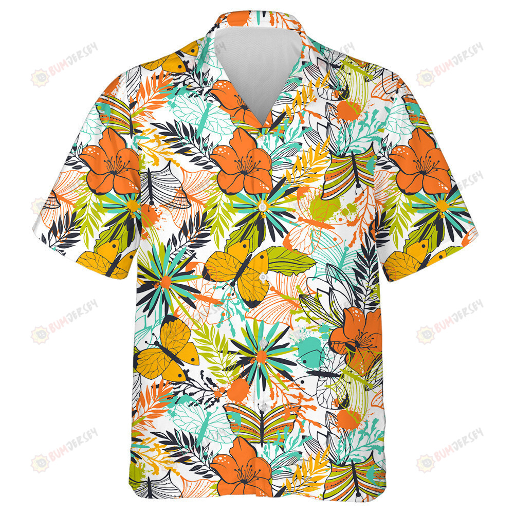 Colorful Butterflies Flowers And Leaves Branches Hand Drawn Pattern Hawaiian Shirt